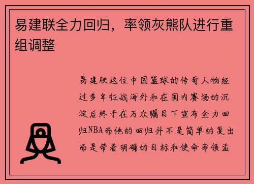 易建联全力回归，率领灰熊队进行重组调整